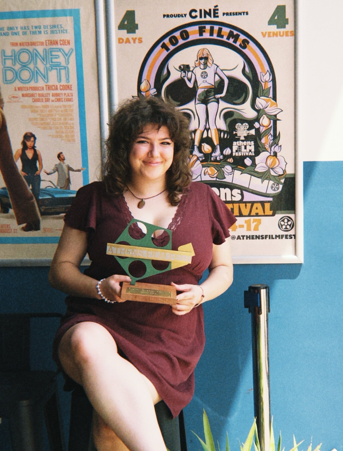 Rebecca with her Best Georgia Film Award at the 2025 Athens International Film Festival